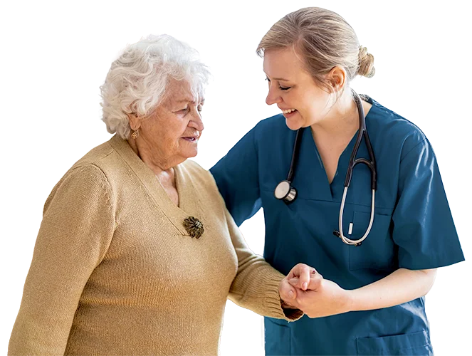 A smiling aged care nurse supporting and holding hands with an elderly woman, symbolising compassion, trust, and quality care in aged care settings.